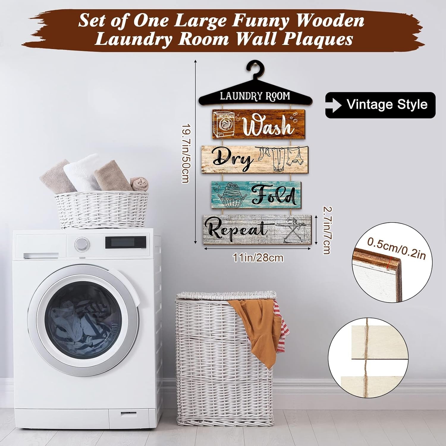 5 Pieces Laundry Room Wall Sign Rustic Laundry Room Rules Hanging Sign Wooden Wash Dry Fold Repeat Laundry Plaque Vintage Farmhouse Laundry Rules Wall Decor 19.7 X 11 Inch (Multicolored Backing)