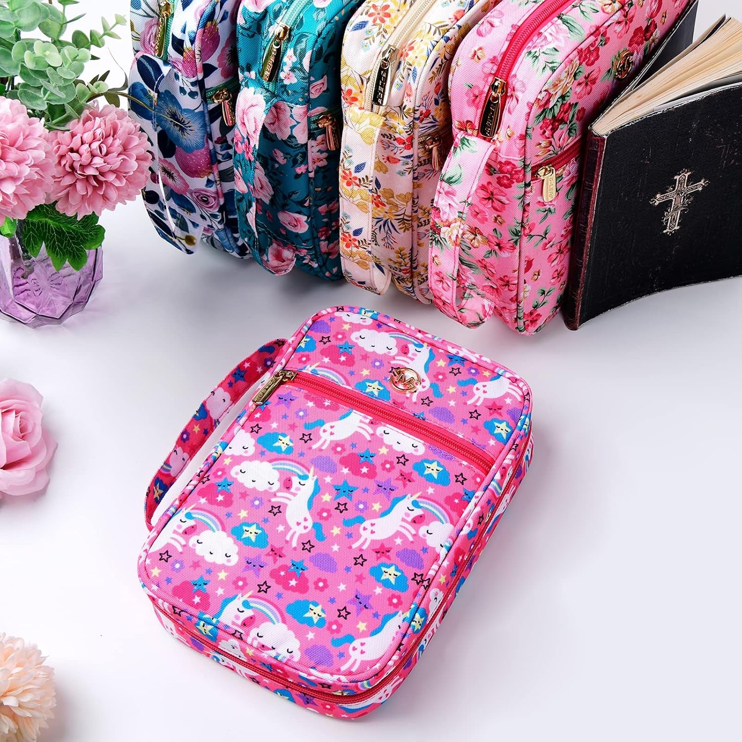 Bible Cover for Women,Bible Cases,Book Cover,Bible Bags Floral Pattern with Handle Fits for Standard Size Bible