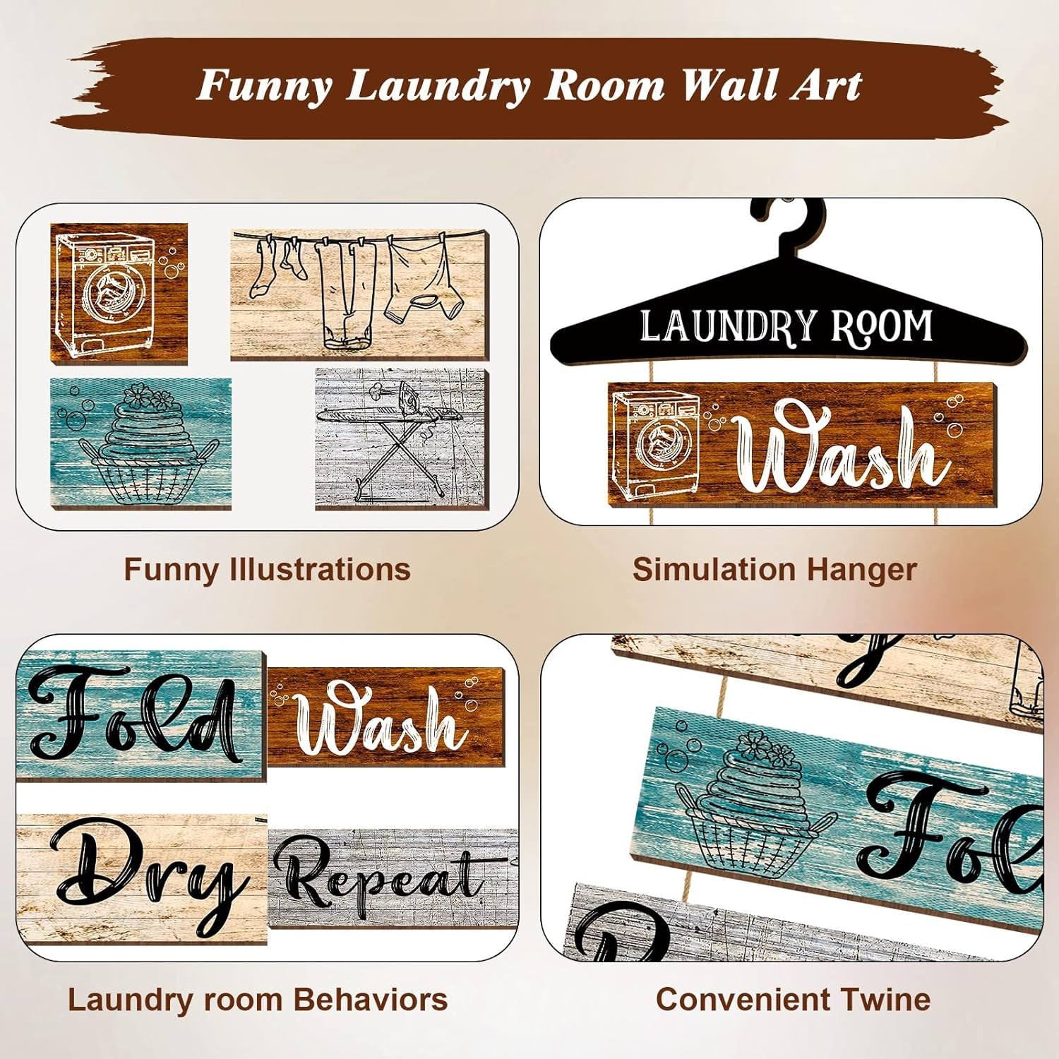 5 Pieces Laundry Room Wall Sign Rustic Laundry Room Rules Hanging Sign Wooden Wash Dry Fold Repeat Laundry Plaque Vintage Farmhouse Laundry Rules Wall Decor 19.7 X 11 Inch (Multicolored Backing)