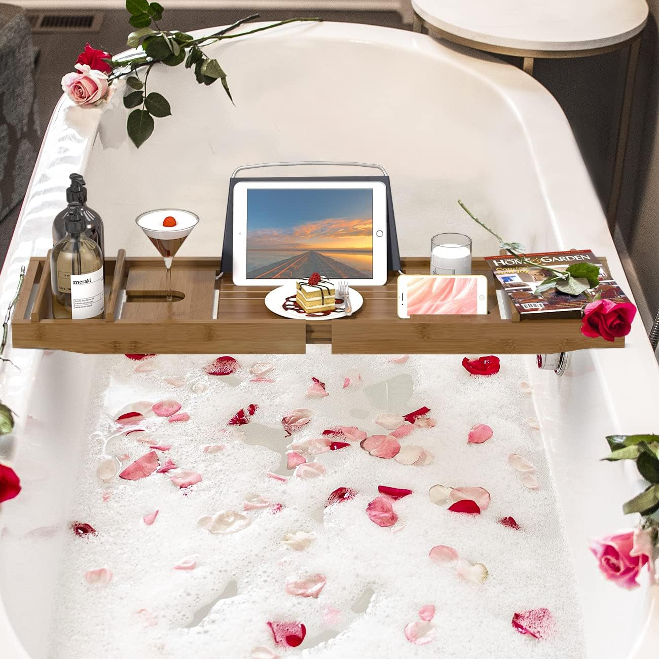 Bathtub Caddy Tray Expandable Bamboo Bath Tub Tray for Luxury Bath with Book Holder Free Soap Dish Brown