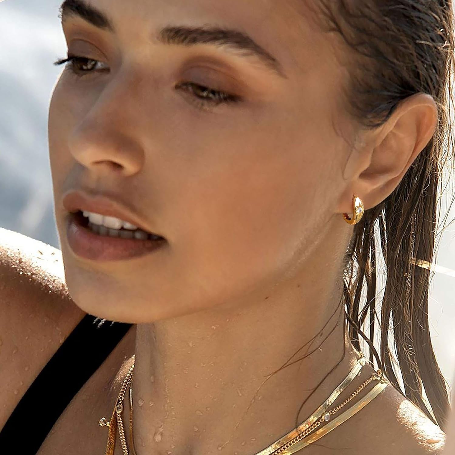 18K Gold Plated Huggie Earrings with Shining Cubic Zriconia Geometry Beads Star Hoop Earrings for Women