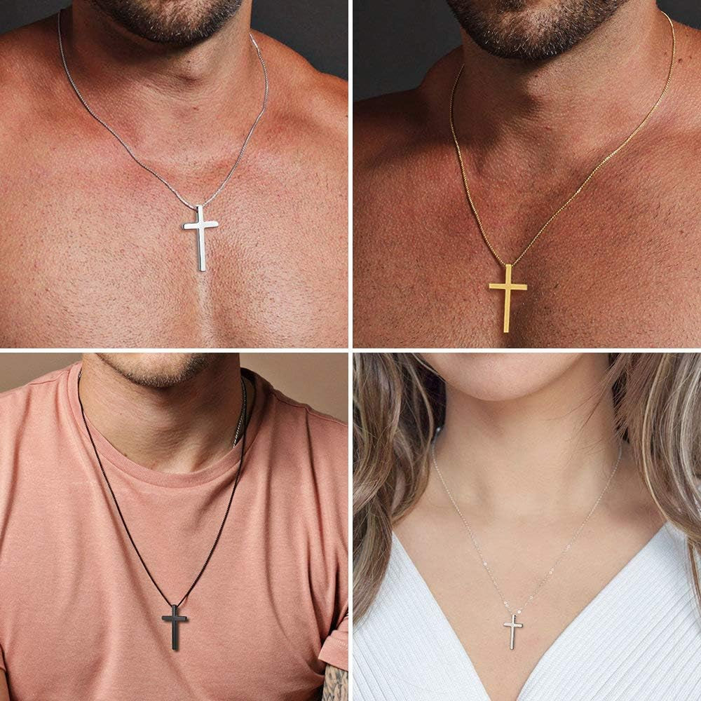 Valentines Gifts for Him Men Teen Boys -Cross Necklace for Men, Silver Black Gold Stainless Steel Plain Cross Pendant Necklace Box Chain 16-30 Inch
