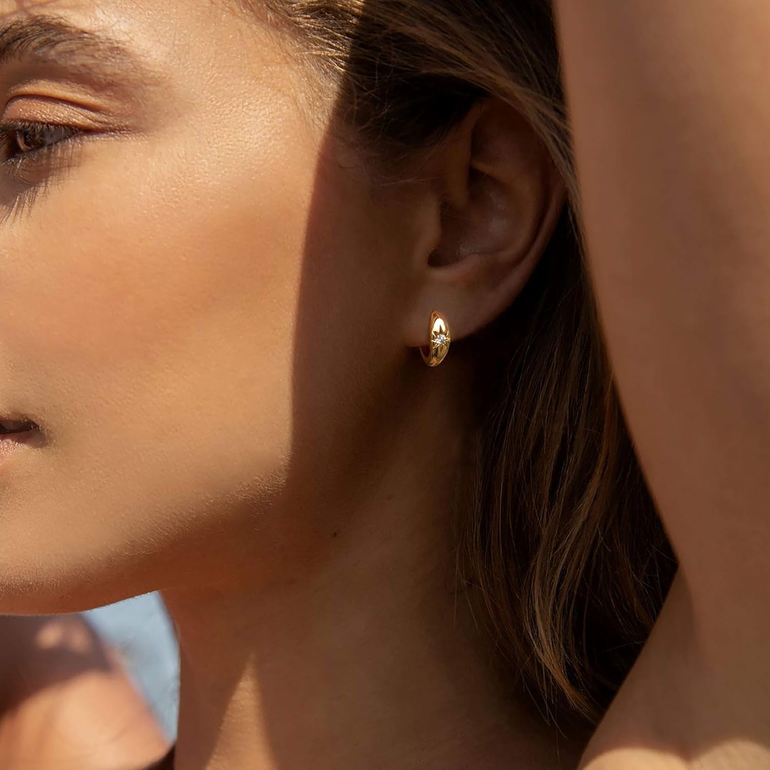 18K Gold Plated Huggie Earrings with Shining Cubic Zriconia Geometry Beads Star Hoop Earrings for Women