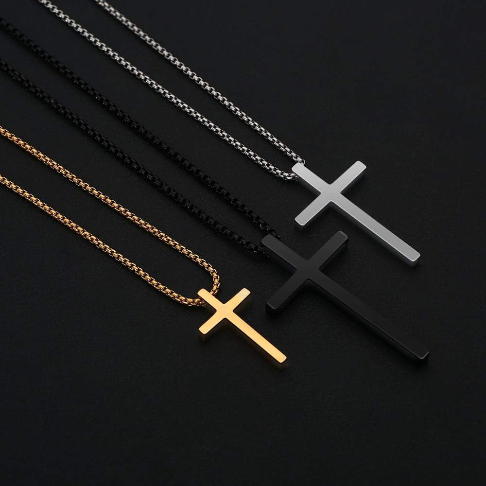 Valentines Gifts for Him Men Teen Boys -Cross Necklace for Men, Silver Black Gold Stainless Steel Plain Cross Pendant Necklace Box Chain 16-30 Inch