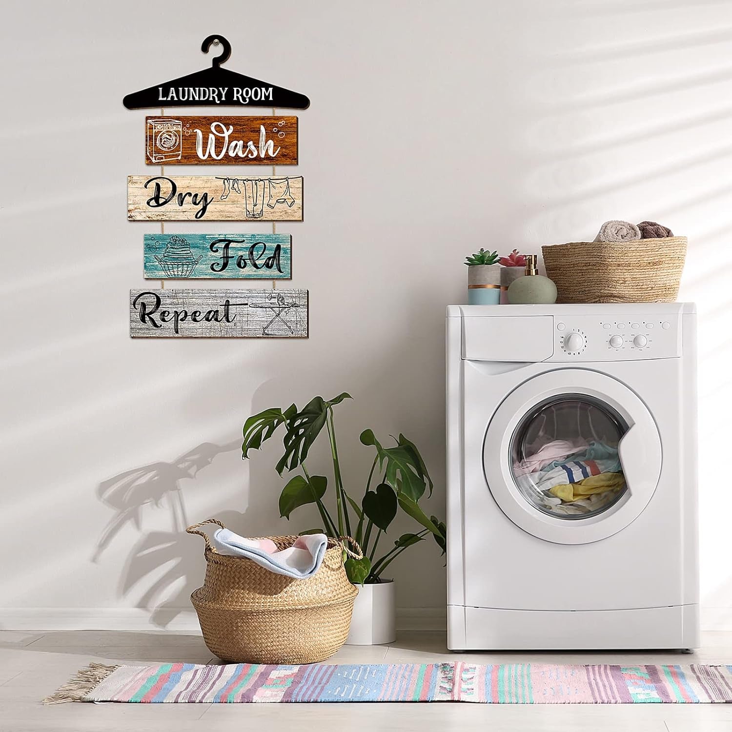 5 Pieces Laundry Room Wall Sign Rustic Laundry Room Rules Hanging Sign Wooden Wash Dry Fold Repeat Laundry Plaque Vintage Farmhouse Laundry Rules Wall Decor 19.7 X 11 Inch (Multicolored Backing)