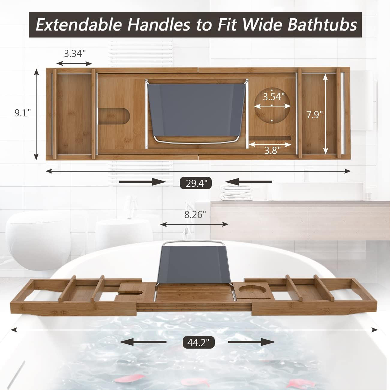 Bathtub Caddy Tray Expandable Bamboo Bath Tub Tray for Luxury Bath with Book Holder Free Soap Dish Brown