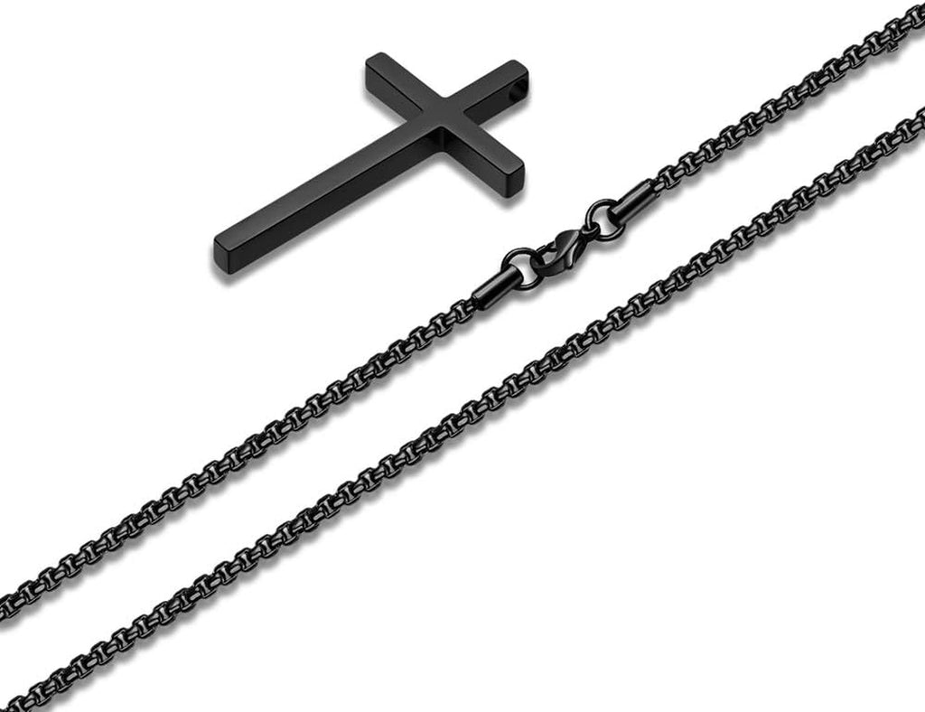 Valentines Gifts for Him Men Teen Boys -Cross Necklace for Men, Silver Black Gold Stainless Steel Plain Cross Pendant Necklace Box Chain 16-30 Inch