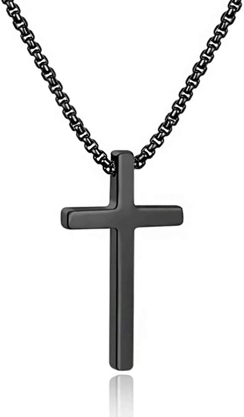 Valentines Gifts for Him Men Teen Boys -Cross Necklace for Men, Silver Black Gold Stainless Steel Plain Cross Pendant Necklace Box Chain 16-30 Inch