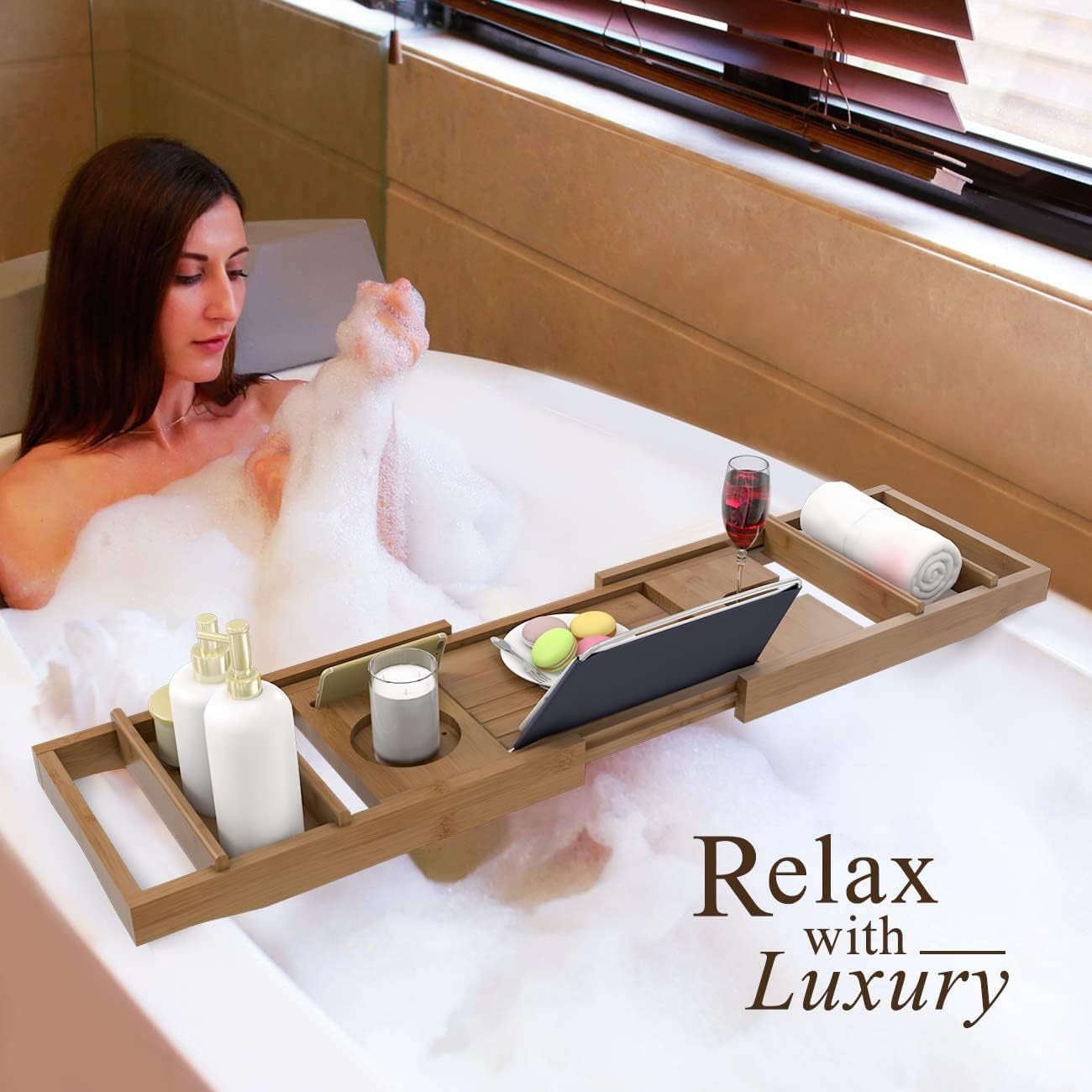 Bathtub Caddy Tray Expandable Bamboo Bath Tub Tray for Luxury Bath with Book Holder Free Soap Dish Brown