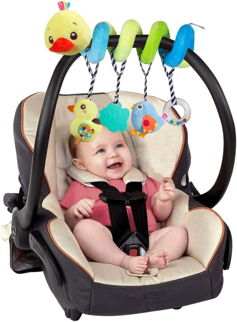Car Seat Toys, Baby Activity Spiral Plush Toys for Stroller Bar Accessories, Crib Toys with Bell for Boy or Girl, Hangings Rattle Toy with Squeaky (Yellow-Duck)